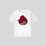 Angry Bird Unisex T-Shirt featuring a bold word-art bird graphic with premium DTF printing on a soft cotton blend fabric available in white, black, and grey.
