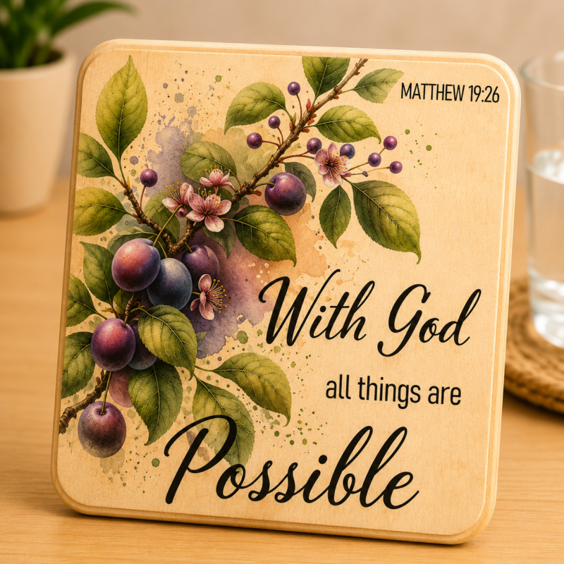 Inspirational wooden coaster featuring Matthew 19:26 Bible verse, "With God all things are possible," surrounded by elegant watercolor-style purple berries, blossoms, and green foliage. Decorative Christian drink coaster with faith-based artwork, natural wood finish, and uplifting scripture design, perfect for home décor, gifts, prayer rooms, and religious occasions.