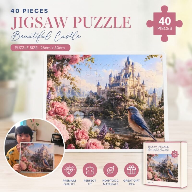 Beautiful Castle 40 piece jigsaw puzzle featuring a fantasy castle, blooming flowers, scenic lake, and bluebird artwork.
