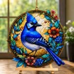 Blue Jays Door Ornament printed on premium acrylic featuring colorful blue jay artwork with floral accents