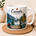 Canada Travel Mug featuring iconic Canadian landmarks on a premium 12oz white ceramic mug with vibrant UV printing, perfect for souvenirs, gifts, coffee, and tea.