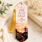 Christian acrylic bookmark featuring Philippians 4:13 scripture, sunset cross artwork, gold tassel, and inspirational faith-based design.