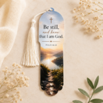 Christian acrylic bookmark featuring Psalm 46:10 "Be Still and Know That I Am God" with scenic mountain lake artwork and white tassel.