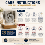 Crystal Glass Keepsake Care Instructions Guide showing the proper way to clean, handle, display, and protect personalized 3D crystal engraved keepsakes for long-lasting clarity and beauty.