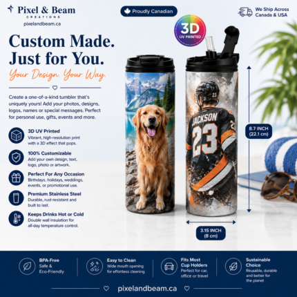 Custom 20 oz skinny tumbler with personalized UV printed designs featuring a pet portrait and sports jersey on premium stainless steel drinkware.
