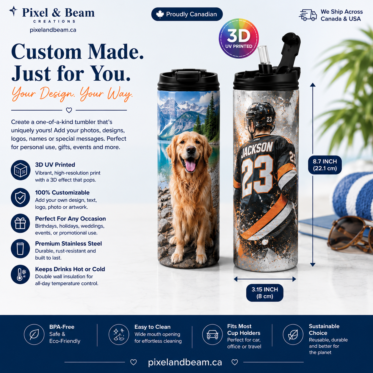 custom-20oz-skinny-tumbler-uv-printed-personalized-stainless-steel-travel-mug Custom 20 oz skinny tumbler with personalized UV printed designs featuring a pet portrait and sports jersey on premium stainless steel drinkware.