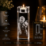 Personalized 3D crystal photo candle holder featuring laser engraved family portrait inside premium K9 crystal with tealight candle illumination.