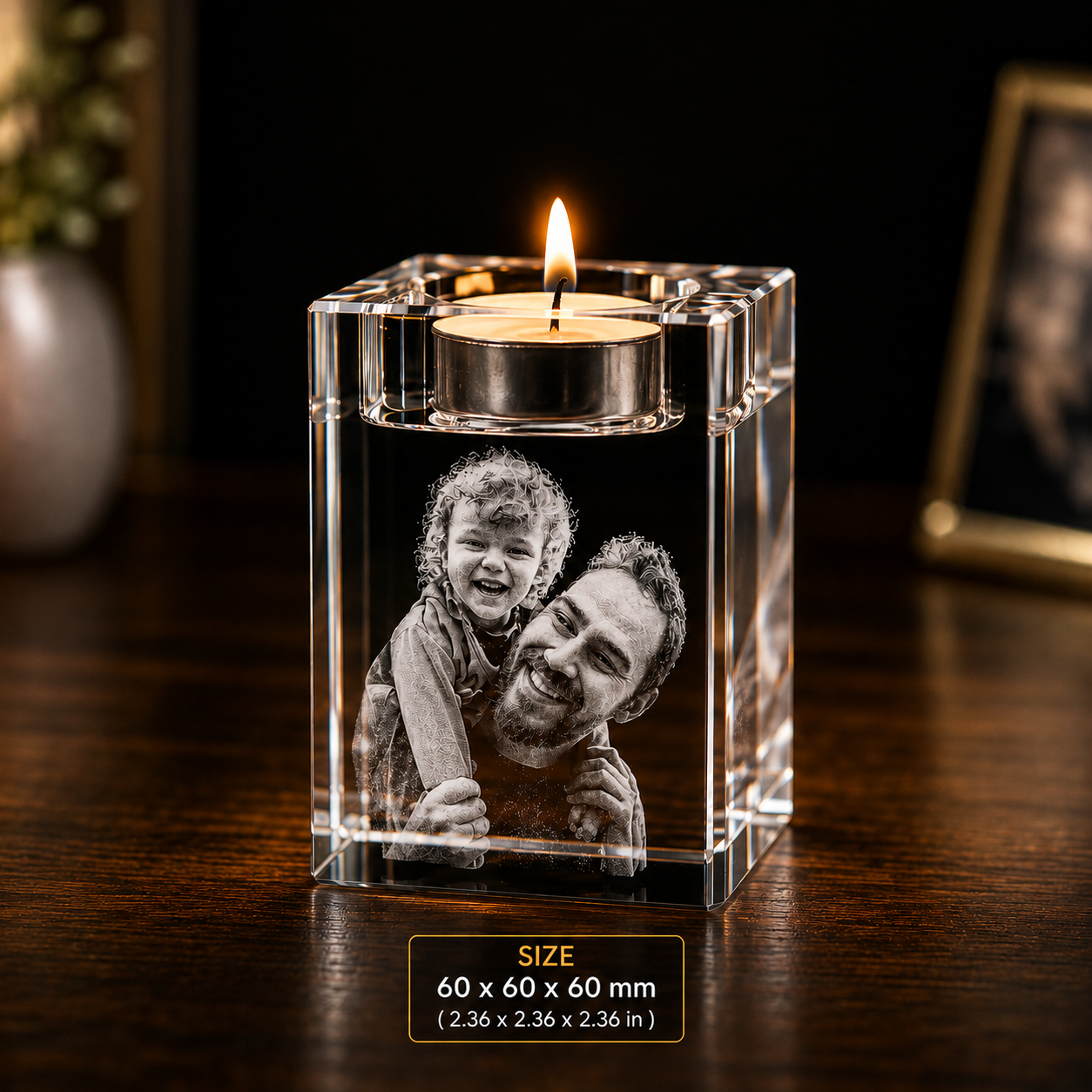 custom-3d-crystal-photo-candle-holder-60-60-60bp Personalized 3D crystal photo candle holder featuring laser engraved family portrait inside premium K9 crystal with tealight candle illumination.