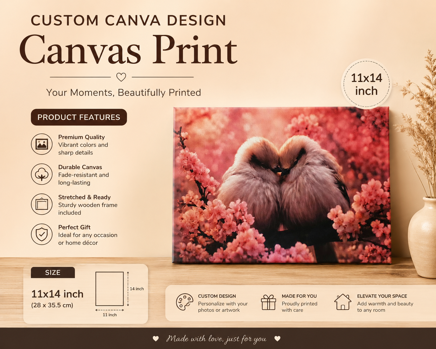 Custom Canvas Print – Personalized Photo Canvas Wall Art 11x14 Inch Personalized 11x14 custom canvas print featuring high-resolution photo artwork on premium gallery-wrapped canvas with wooden frame.