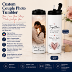 Personalized Couple Photo Tumbler featuring a custom couple photo, names, anniversary date, and full-wrap UV printing on a premium 20oz stainless steel insulated tumbler.