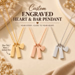 Personalized Engraved Heart & Bar Pendant Necklace in Gold, Rose Gold, and Silver with custom names, dates, or meaningful messages