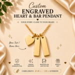 Personalized Engraved Heart & Bar Pendant Necklace in Gold, Rose Gold, and Silver with custom names, dates, or meaningful messages