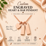 Personalized Engraved Heart & Bar Pendant Necklace in Gold, Rose Gold, and Silver with custom names, dates, or meaningful messages