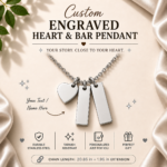 Personalized Engraved Heart & Bar Pendant Necklace in Gold, Rose Gold, and Silver with custom names, dates, or meaningful messages