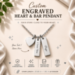 Personalized Engraved Heart & Bar Pendant Necklace in Gold, Rose Gold, and Silver with custom names, dates, or meaningful messages