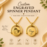 Personalized Engraved Spinner Pendant Necklace available in Gold and Rose Gold with custom name, photo, logo, or laser engraved design