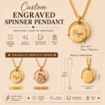 Personalized Engraved Spinner Pendant Necklace available in Gold and Rose Gold with custom name, photo, logo, or laser engraved design