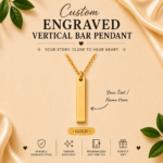 Custom Engraved Vertical Bar Pendant Necklace personalized with your name or text, crafted from stainless steel in Gold, Rose Gold, and Silver finishes with an adjustable chain.