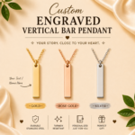 Custom Engraved Vertical Bar Pendant Necklace personalized with your name or text, crafted from stainless steel in Gold, Rose Gold, and Silver finishes with an adjustable chain.