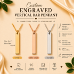 Custom Engraved Vertical Bar Pendant Necklace personalized with your name or text, crafted from stainless steel in Gold, Rose Gold, and Silver finishes with an adjustable chain.