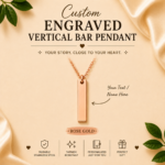Custom Engraved Vertical Bar Pendant Necklace personalized with your name or text, crafted from stainless steel in Gold, Rose Gold, and Silver finishes with an adjustable chain.