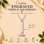 Custom Engraved Vertical Bar Pendant Necklace personalized with your name or text, crafted from stainless steel in Gold, Rose Gold, and Silver finishes with an adjustable chain.
