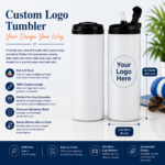 Custom Logo Tumbler with full UV printing on a premium white stainless steel insulated tumbler, ideal for business branding, promotional gifts, and corporate events.