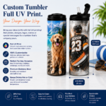 Custom Full UV Print Tumbler featuring personalized photo, logo, and artwork printing on a premium 20 oz white stainless steel insulated tumbler with black lid.