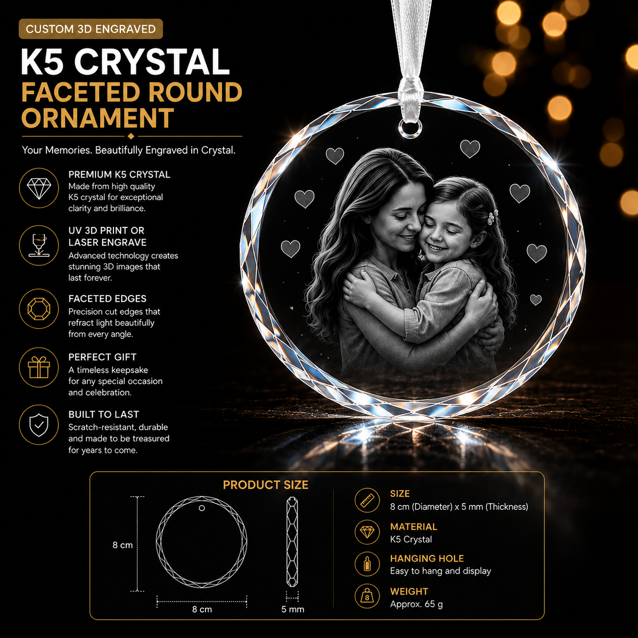 custom-k5-crystal-faceted-round-ornament-laser-engraved-photo-keepsake-1 Personalized faceted crystal round ornament with custom laser engraved family portrait, brilliant crystal clarity, and elegant hanging display