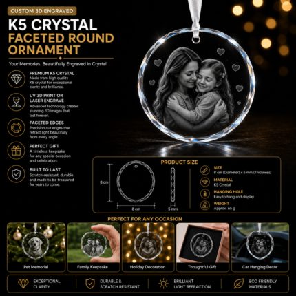 Personalized faceted crystal round ornament with custom laser engraved family portrait, brilliant crystal clarity, and elegant hanging display