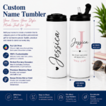 Personalized Name Tumbler featuring a custom name, initials, or text printed with vibrant full-wrap UV printing on a premium 20oz stainless steel insulated tumbler.