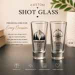 Custom personalized 1.4 oz shot glass with custom text, logo or design, premium dishwasher safe glass gift for weddings, birthdays, parties and special occasions.
