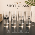 Custom personalized 1.4 oz shot glass set featuring custom printed designs, logos and text, premium dishwasher safe glass for weddings, birthdays, bachelor parties and personalized gifts.