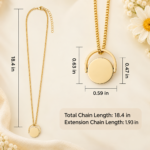 Custom engraved spinner pendant necklace in gold tone with rotating circular centre for personalized name, text, or symbol