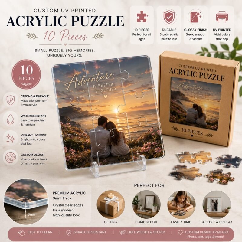 Custom UV printed acrylic puzzle with 10 pieces featuring personalized artwork, glossy finish, vibrant colors, and premium acrylic construction.