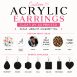 Personalized Acrylic Earrings with personalized photos, pet portraits, artwork, names, logos, and colorful custom designs.
