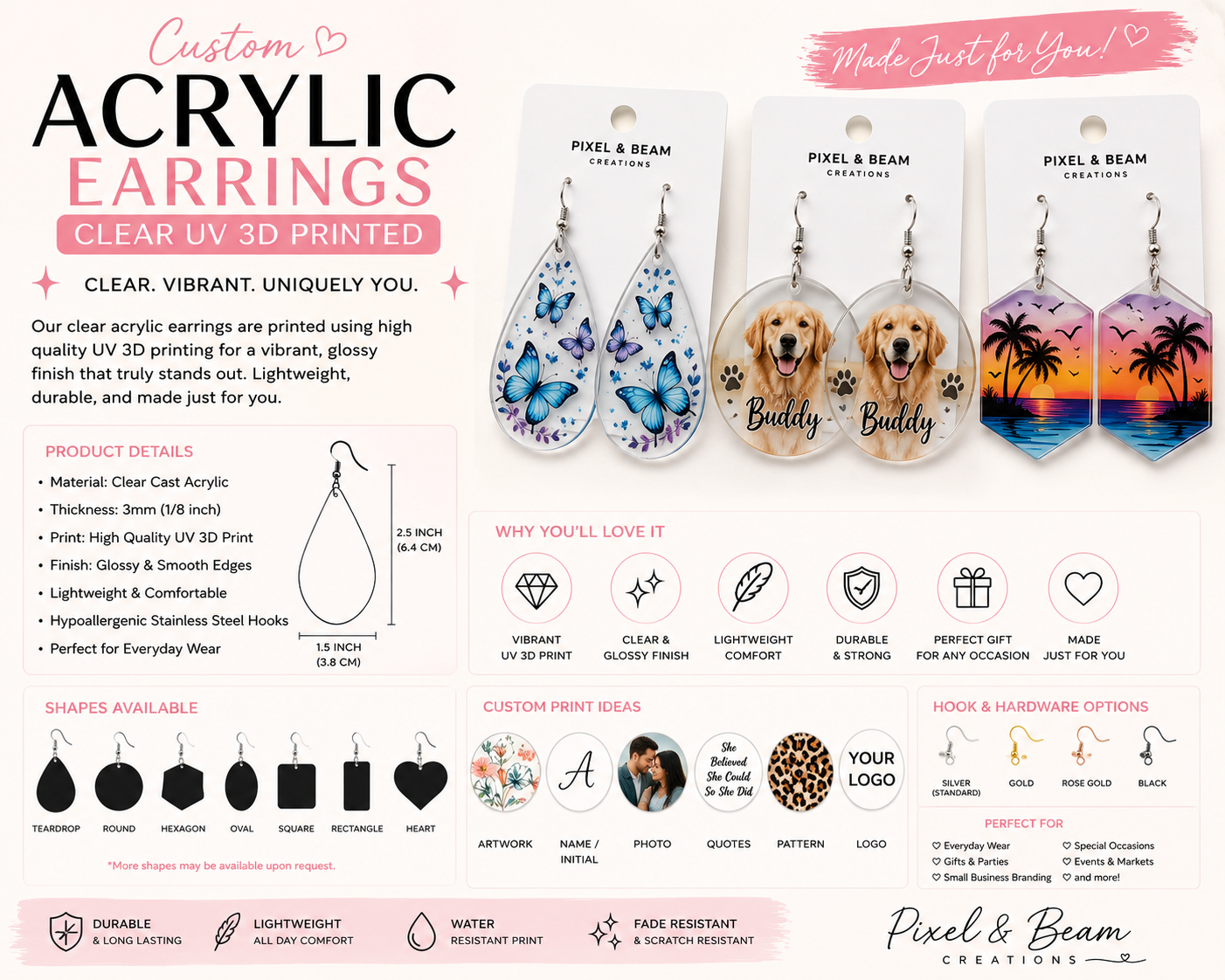 Custom UV Printed Clear Acrylic Earrings Personalized Jewelry Custom UV printed clear acrylic earrings with personalized photos, pet portraits, artwork, names, logos, and colorful custom designs.