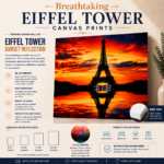 Eiffel Tower Sunset Reflection canvas wall art featuring a dramatic Paris sunset with vibrant mirrored reflections and premium UV printed detail.