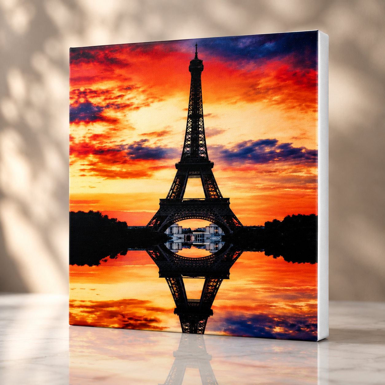 Eiffel Tower Sunset Reflection Canvas Wall Art Eiffel Tower Sunset Reflection canvas wall art featuring a dramatic Paris sunset with vibrant mirrored reflections and premium UV printed detail.