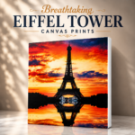 Eiffel Tower Sunset Reflection canvas wall art featuring a dramatic Paris sunset with vibrant mirrored reflections and premium UV printed detail.