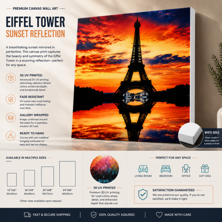 Eiffel Tower Sunset Reflection canvas wall art featuring a dramatic Paris sunset with vibrant mirrored reflections and premium UV printed detail.