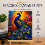 Elegant Peacock Canvas Art featuring vibrant UV printed peacock artwork displayed on a premium wooden easel stand