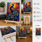 Elegant Peacock Canvas Art featuring vibrant UV printed peacock artwork displayed on a premium wooden easel stand