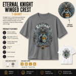 Product details for the Eternal Knight Winged Crest graphic T-shirt showing premium DTF print, available colors, features, and sizing.
