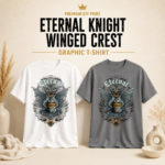 Eternal Knight Winged Crest graphic T-shirt available in white and grey with premium DTF print and unisex fit.