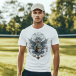 Eternal Knight Winged Crest graphic T-shirt in white featuring a medieval winged helmet DTF print with premium unisex fit.