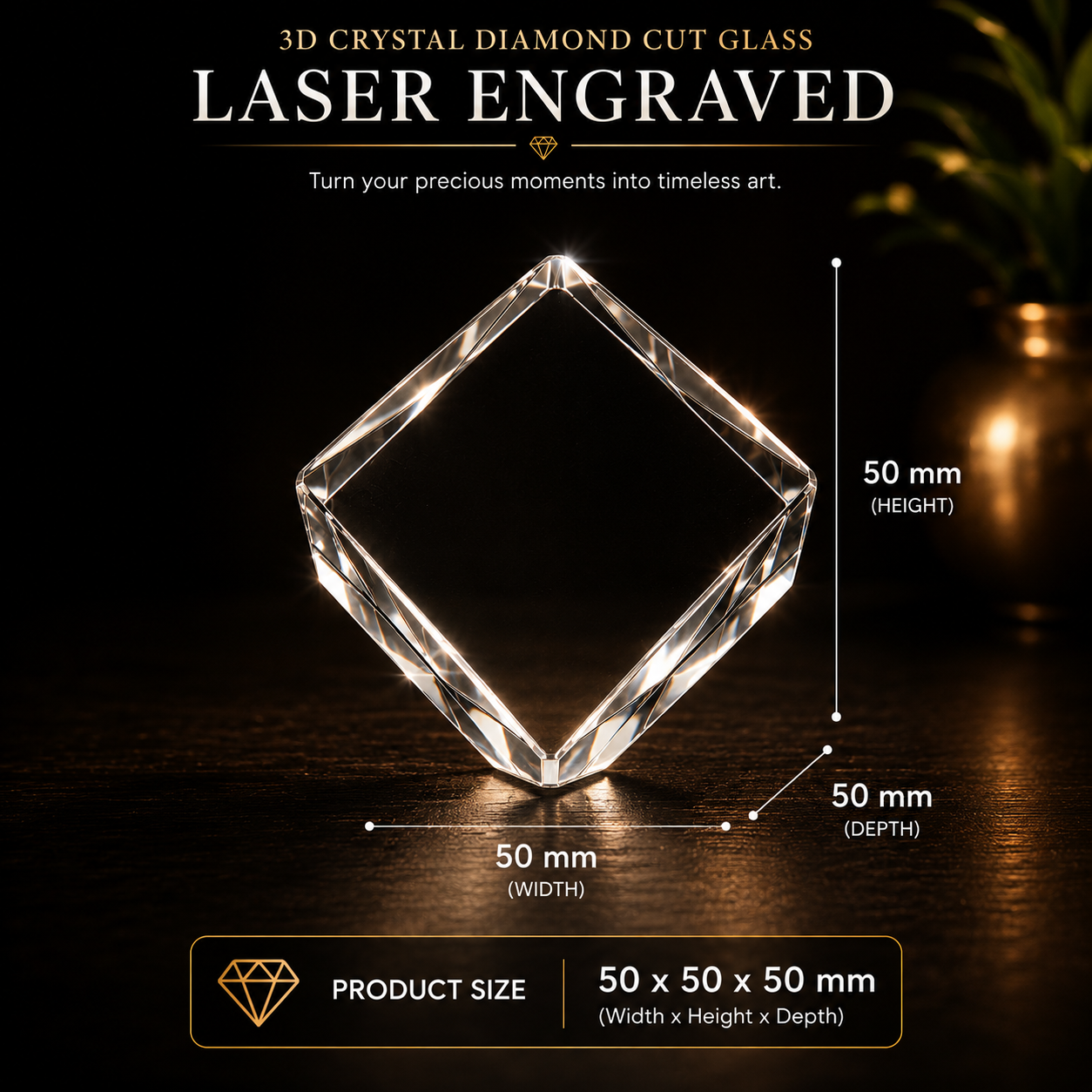 Personalized 3D Crystal Diamond | Custom Laser Engraved K9 Crystal Keepsake 50x50x50mm Personalized 3D crystal diamond crafted from premium K9 crystal featuring custom laser engraved photos, portraits, memorials, and keepsakes in a 50x50x50mm crystal block, perfect for anniversary gifts, memorial gifts, wedding gifts, and personalized crystal keepsakes.