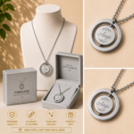 Personalized silver spinner necklace with custom engraved name pendant and luxury gift box. Stainless steel rotating pendant necklace featuring durable tarnish-resistant construction, premium gift-ready packaging, elegant minimalist jewelry design, and meaningful personalized gift for birthdays, anniversaries, Mother's Day, Valentine's Day, weddings, Christmas, and special occasions.