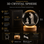 Personalized 3D crystal sphere crafted from premium K9 crystal featuring custom laser engraved photos, portraits, and keepsakes with LED light base and gift box, perfect for memorial gifts, First Holy Communion gifts, anniversary gifts, and personalized crystal keepsakes.
