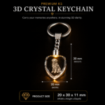Personalized 3D crystal keychain 20x30mm crafted from premium K9 crystal featuring custom laser engraved photos, pet portraits, and keepsakes with built-in LED light, perfect for memorial gifts, pet remembrance gifts, and personalized photo keychains.